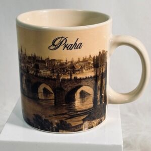 Vintage Praha Prague Czech Republic Coffee Mug IDP Plzen Sepia Cityscape Bridge